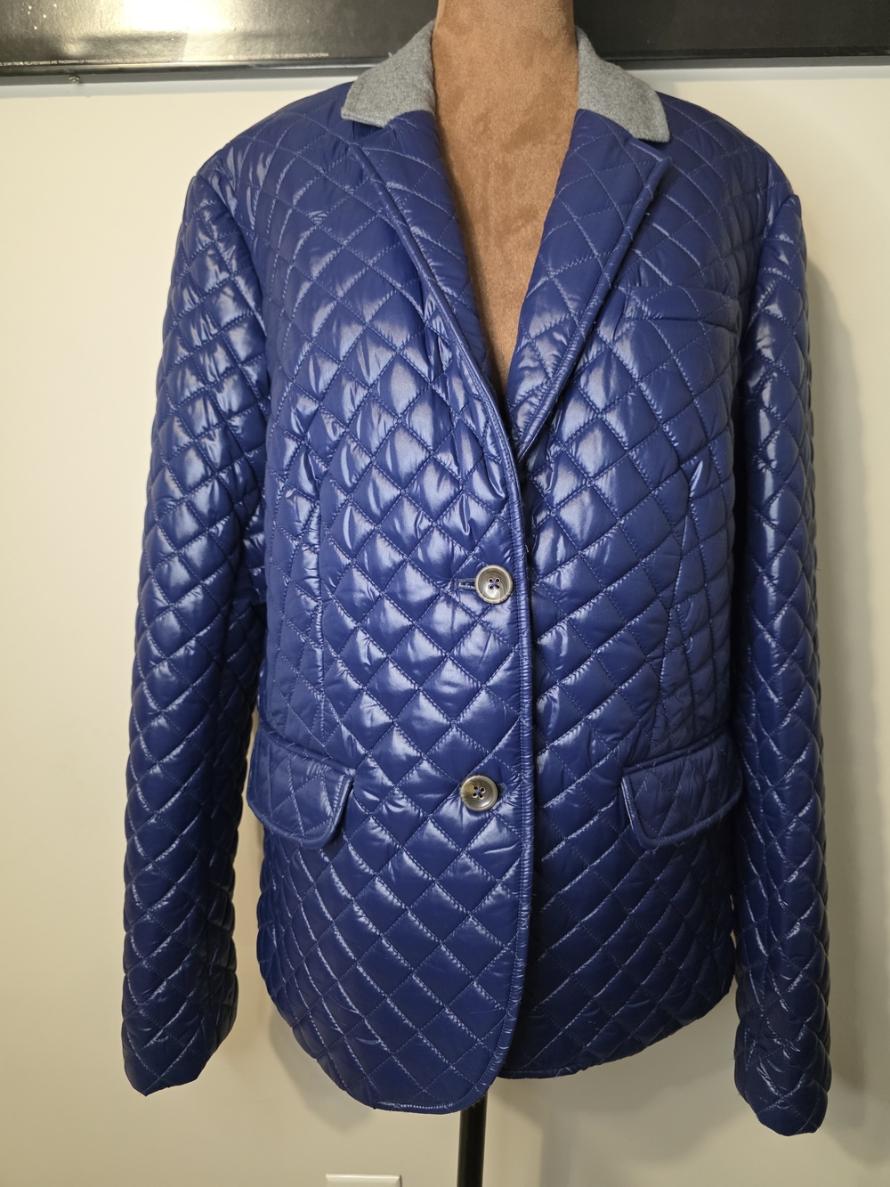 Vineyard Vines Blue Quilted Puffer Blazer Jacket Gray Collar Size 14